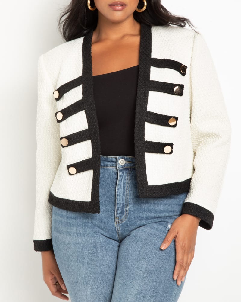 Front of a model wearing a size 24 Tweed Detail Blazer in Black + white by ELOQUII. | dia_product_style_image_id:285306